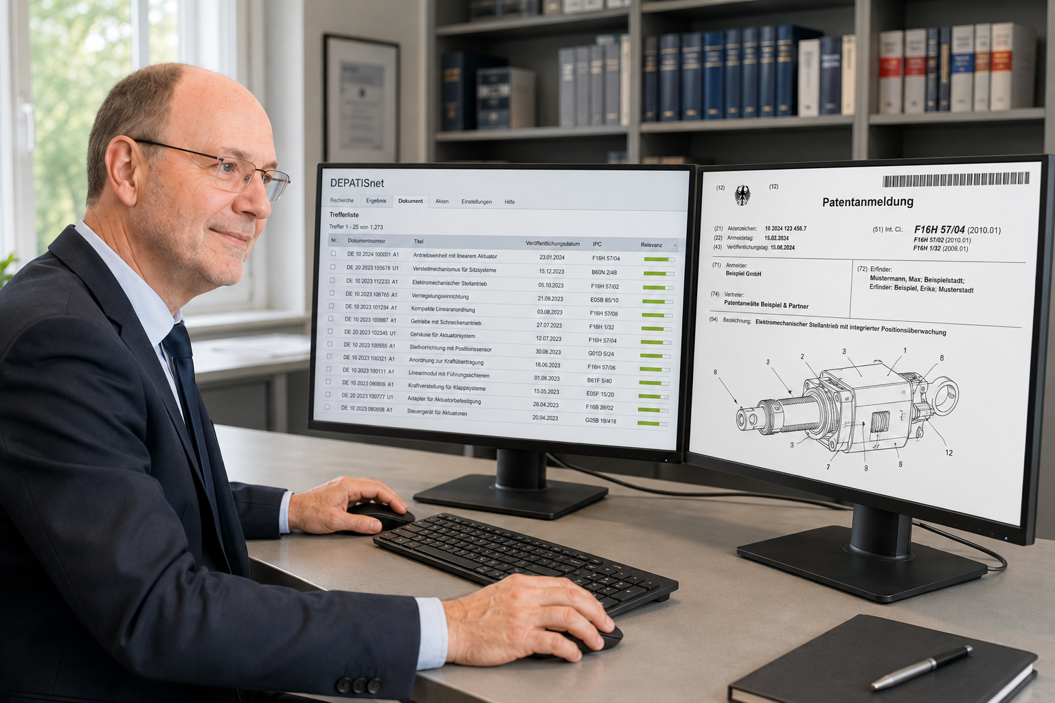 Patentanwalt Peter Körner bei einer Patentrecherche mit DEPATISnet und einer Patentanmeldung