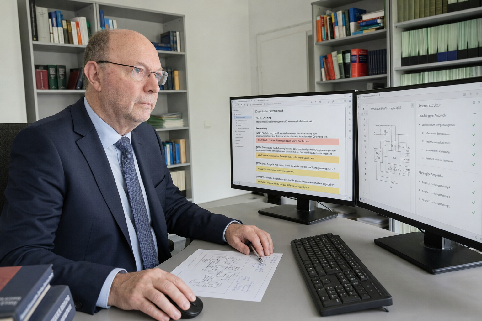 Patentanwalt Peter Körner bei der fachlichen Prüfung eines KI-erstellten Patententwurfs und einer elektronischen Schaltung