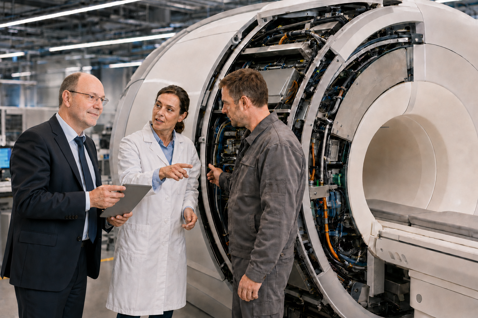 Patentanwalt Peter Körner bei einer technischen Beratung an einem geöffneten MRT-Gerät