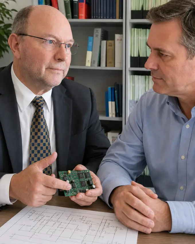 Patentanwalt Peter Körner im Beratungsgespräch über eine technische Erfindung im Maschinenbau