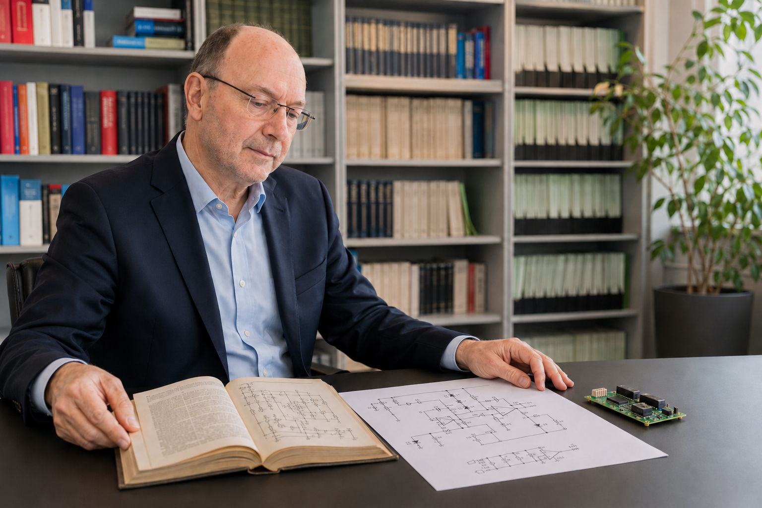 Patentanwalt Peter Körner bei der Prüfung elektronischer Schaltbilder